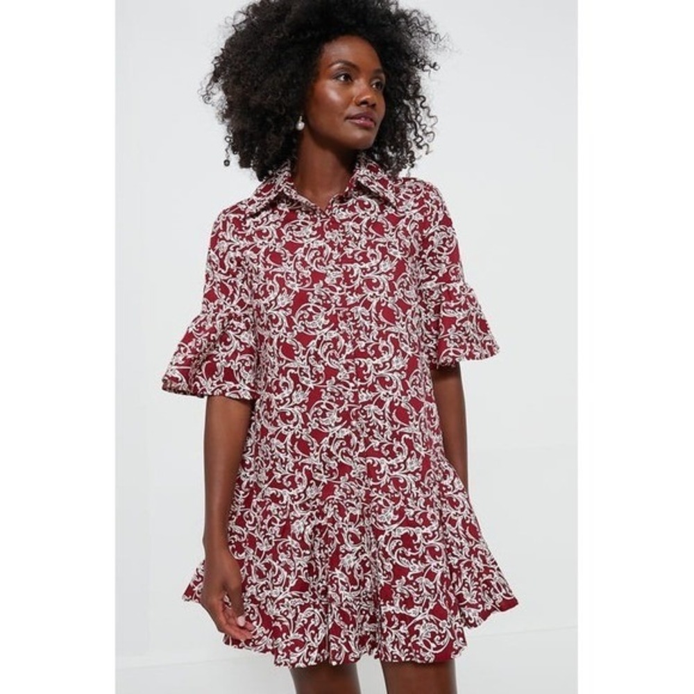 Hyacinth House Vera Shirt Dress Maroon Vines Paisley Tiered Ruffle Mini Size XS